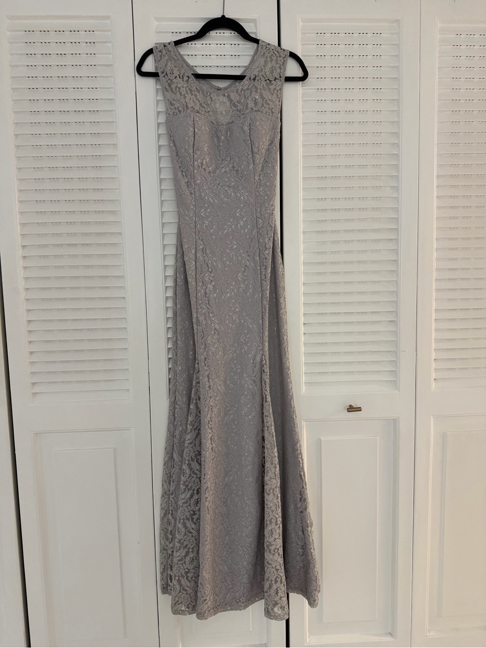 Betsy & Adam Silver Metallic Lace Sleeveless Gown